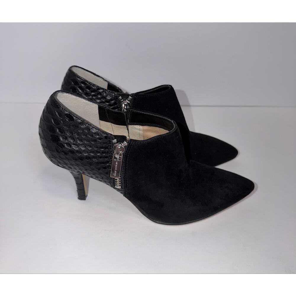 Michael Kors Black Suede Pointed Toe Ankle Booties Croc Leather Heels 6.5M